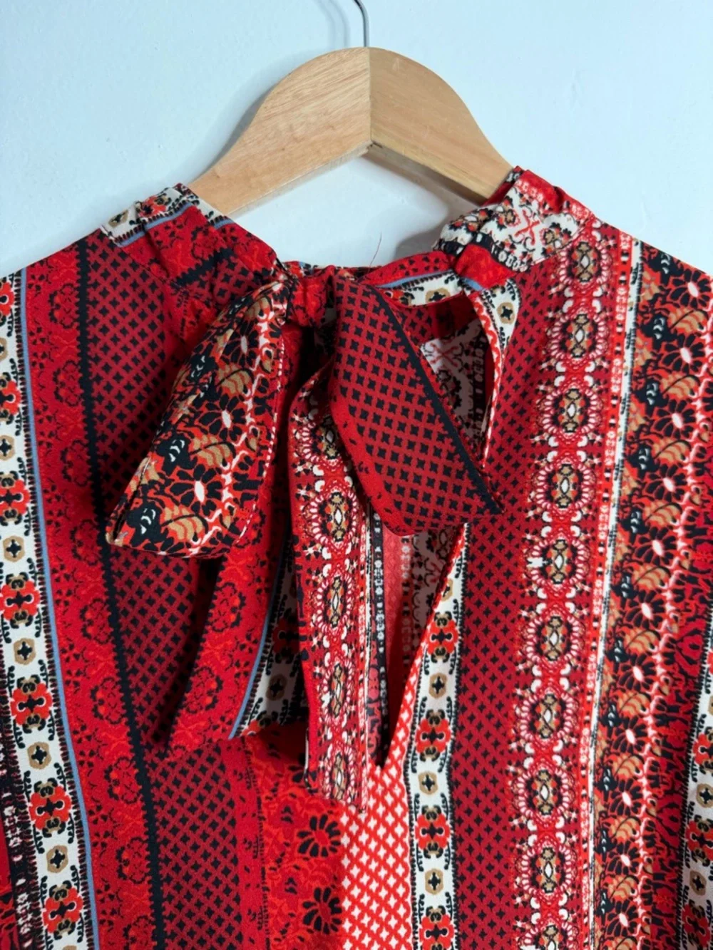 LOFT Red Multi-Pattern Long Sleeve Mock Neck Blouse